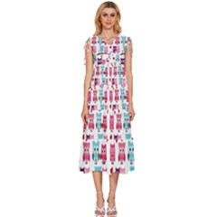 Owl Pattern V-neck Drawstring Shoulder Sleeveless Maxi Dress