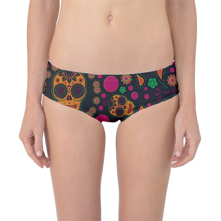 Skull Colorful Floral Flower Head Classic Bikini Bottoms