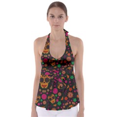 Skull Colorful Floral Flower Head Tie Back Tankini Top