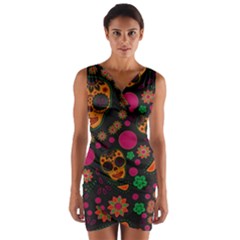 Skull Colorful Floral Flower Head Wrap Front Bodycon Dress