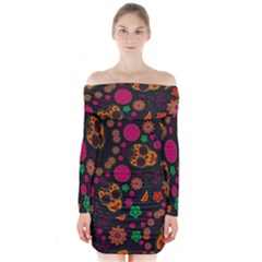 Skull Colorful Floral Flower Head Long Sleeve Off Shoulder Dress