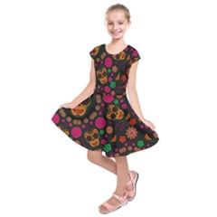 Skull Colorful Floral Flower Head Kids  Short Sleeve Dress