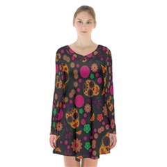 Skull Colorful Floral Flower Head Long Sleeve Velvet V-neck Dress by Cemarart