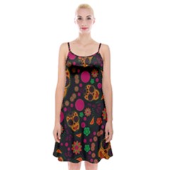 Skull Colorful Floral Flower Head Spaghetti Strap Velvet Dress by Cemarart