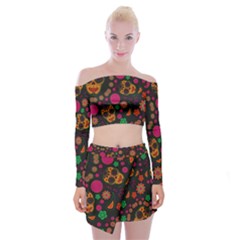 Skull Colorful Floral Flower Head Off Shoulder Top With Mini Skirt Set by Cemarart