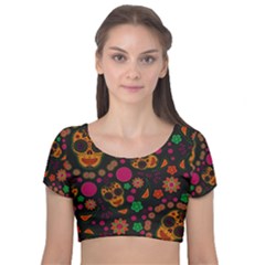 Skull Colorful Floral Flower Head Velvet Short Sleeve Crop Top  by Cemarart