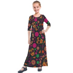 Skull Colorful Floral Flower Head Kids  Quarter Sleeve Maxi Dress