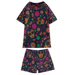 Skull Colorful Floral Flower Head Kids  Swim T-shirt And Shorts Set