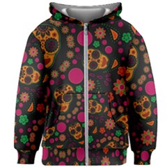 Skull Colorful Floral Flower Head Kids  Zipper Hoodie Without Drawstring by Cemarart