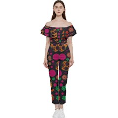 Skull Colorful Floral Flower Head Bardot Ruffle Jumpsuit by Cemarart