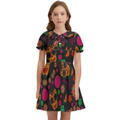 Skull Colorful Floral Flower Head Kids  Bow Tie Puff Sleeve Dress