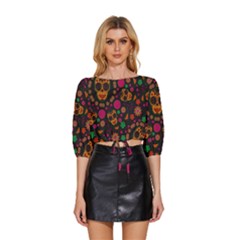 Skull Colorful Floral Flower Head Mid Sleeve Drawstring Hem Top by Cemarart