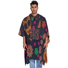 Skull Colorful Floral Flower Head Men s Hooded Rain Ponchos by Cemarart