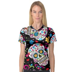 Sugar Skull Black Olorful Flower V-neck Sport Mesh T-shirt