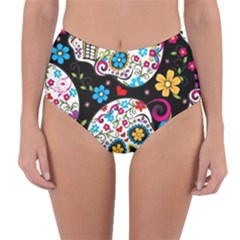 Sugar Skull Black Olorful Flower Reversible High-waist Bikini Bottoms