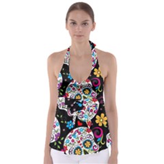 Sugar Skull Black Olorful Flower Tie Back Tankini Top