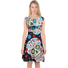 Sugar Skull Black Olorful Flower Capsleeve Midi Dress