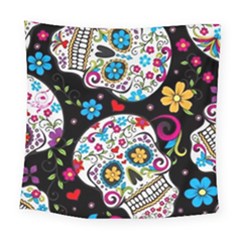 Sugar Skull Black Olorful Flower Square Tapestry (large)