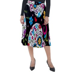 Sugar Skull Black Olorful Flower Classic Velour Midi Skirt  by Cemarart