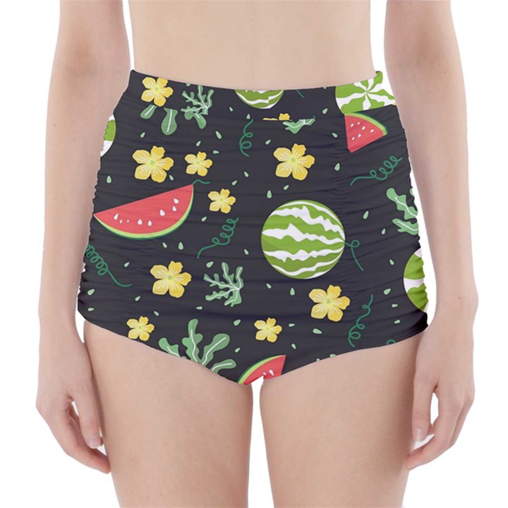 Watermelon Doodle Pattern High-Waisted Bikini Bottoms