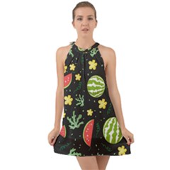 Watermelon Doodle Pattern Halter Tie Back Chiffon Dress