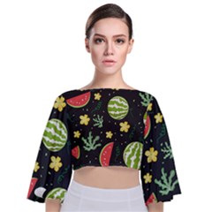 Watermelon Doodle Pattern Tie Back Butterfly Sleeve Chiffon Top