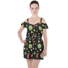 Watermelon Doodle Pattern Ruffle Cut Out Chiffon Playsuit by Cemarart