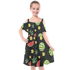 Watermelon Doodle Pattern Kids  Cut Out Shoulders Chiffon Dress