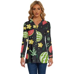 Watermelon Doodle Pattern Long Sleeve Drawstring Hooded Top by Cemarart