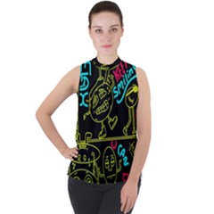 Keep Smiing Doodle Mock Neck Chiffon Sleeveless Top by Cemarart