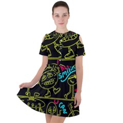 Keep Smiing Doodle Short Sleeve Shoulder Cut Out Dress  by Cemarart