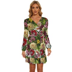 Parrot Painting Flower Art Long Sleeve Waist Tie Ruffle Velvet Dress by Cemarart