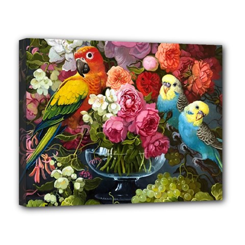 Flower And Parrot Art Flower Painting Canvas 14  X 11  (stretched)