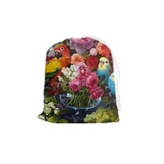 Flower And Parrot Art Flower Painting Drawstring Pouch (medium)