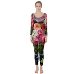 Flower And Parrot Art Flower Painting Long Sleeve Catsuit