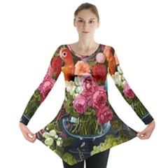 Flower And Parrot Art Flower Painting Long Sleeve Tunic 