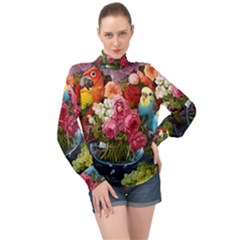 Flower And Parrot Art Flower Painting High Neck Long Sleeve Chiffon Top by Cemarart
