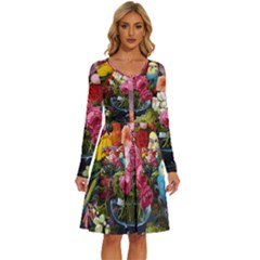 Flower And Parrot Art Flower Painting Long Sleeve Dress With Pocket by Cemarart