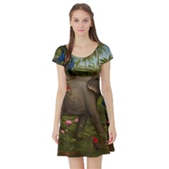 Jungle Of Happiness Painting Peacock Elephant Short Sleeve Skater Dress