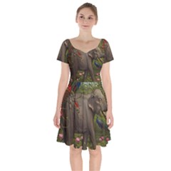 Jungle Of Happiness Painting Peacock Elephant Short Sleeve Bardot Dress