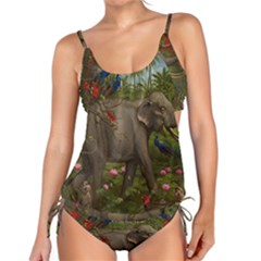 Jungle Of Happiness Painting Peacock Elephant Tankini Set by Cemarart