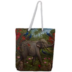 Jungle Of Happiness Painting Peacock Elephant Full Print Rope Handle Tote (large) by Cemarart