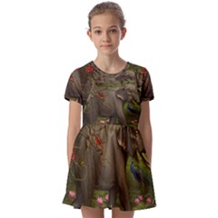 Jungle Of Happiness Painting Peacock Elephant Kids  Short Sleeve Pinafore Style Dress by Cemarart