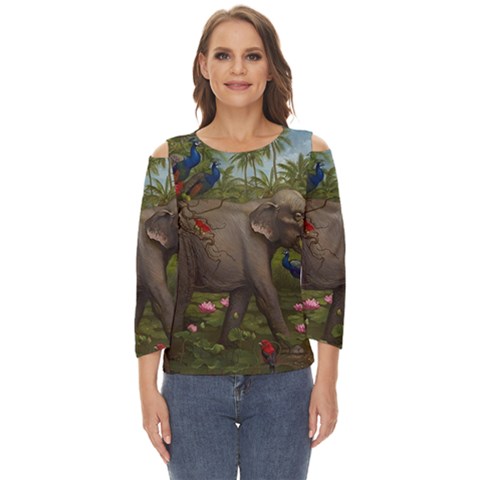 Jungle Of Happiness Painting Peacock Elephant Cut Out Wide Sleeve Top by Cemarart