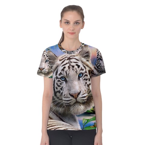 White Tiger Peacock Animal Fantasy Water Summer Women s Cotton T-shirt by Cemarart