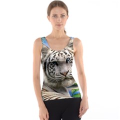 White Tiger Peacock Animal Fantasy Water Summer Women s Basic Tank Top