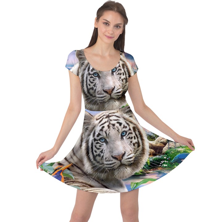 White Tiger Peacock Animal Fantasy Water Summer Cap Sleeve Dress