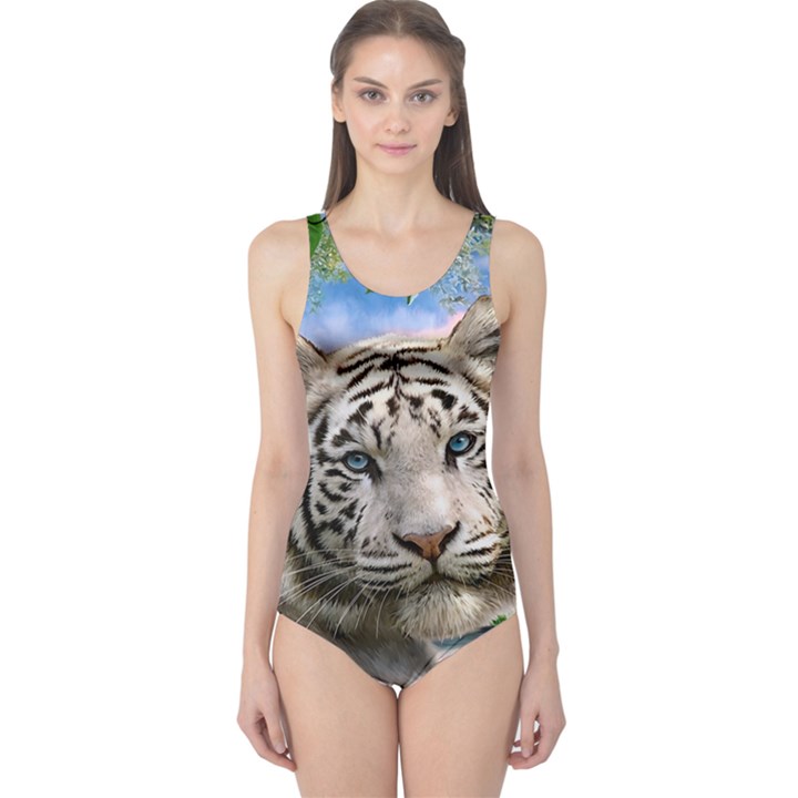 White Tiger Peacock Animal Fantasy Water Summer One Piece Swimsuit