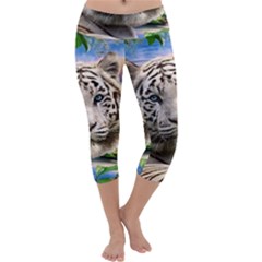 White Tiger Peacock Animal Fantasy Water Summer Capri Yoga Leggings