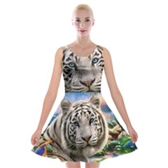 White Tiger Peacock Animal Fantasy Water Summer Velvet Skater Dress